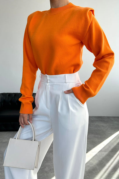 Gaiia Teal Crew Neck Shoulder Detailed Sweater