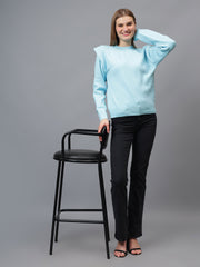 Gaiia Teal Crew Neck Shoulder Detailed Sweater