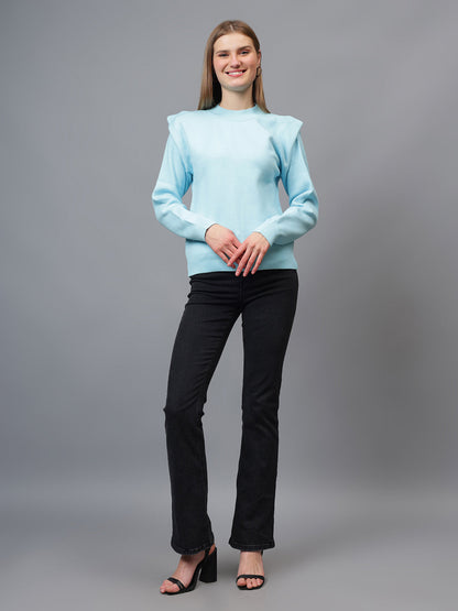 Gaiia Teal Crew Neck Shoulder Detailed Sweater