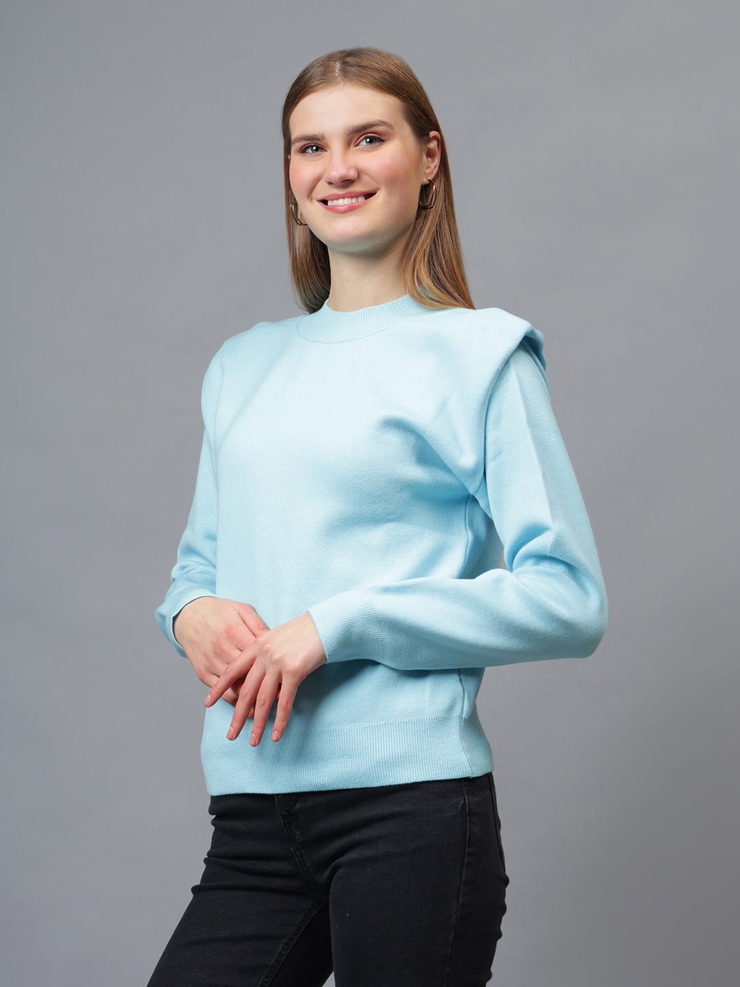 Gaiia Teal Crew Neck Shoulder Detailed Sweater