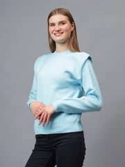 Gaiia Teal Crew Neck Shoulder Detailed Sweater