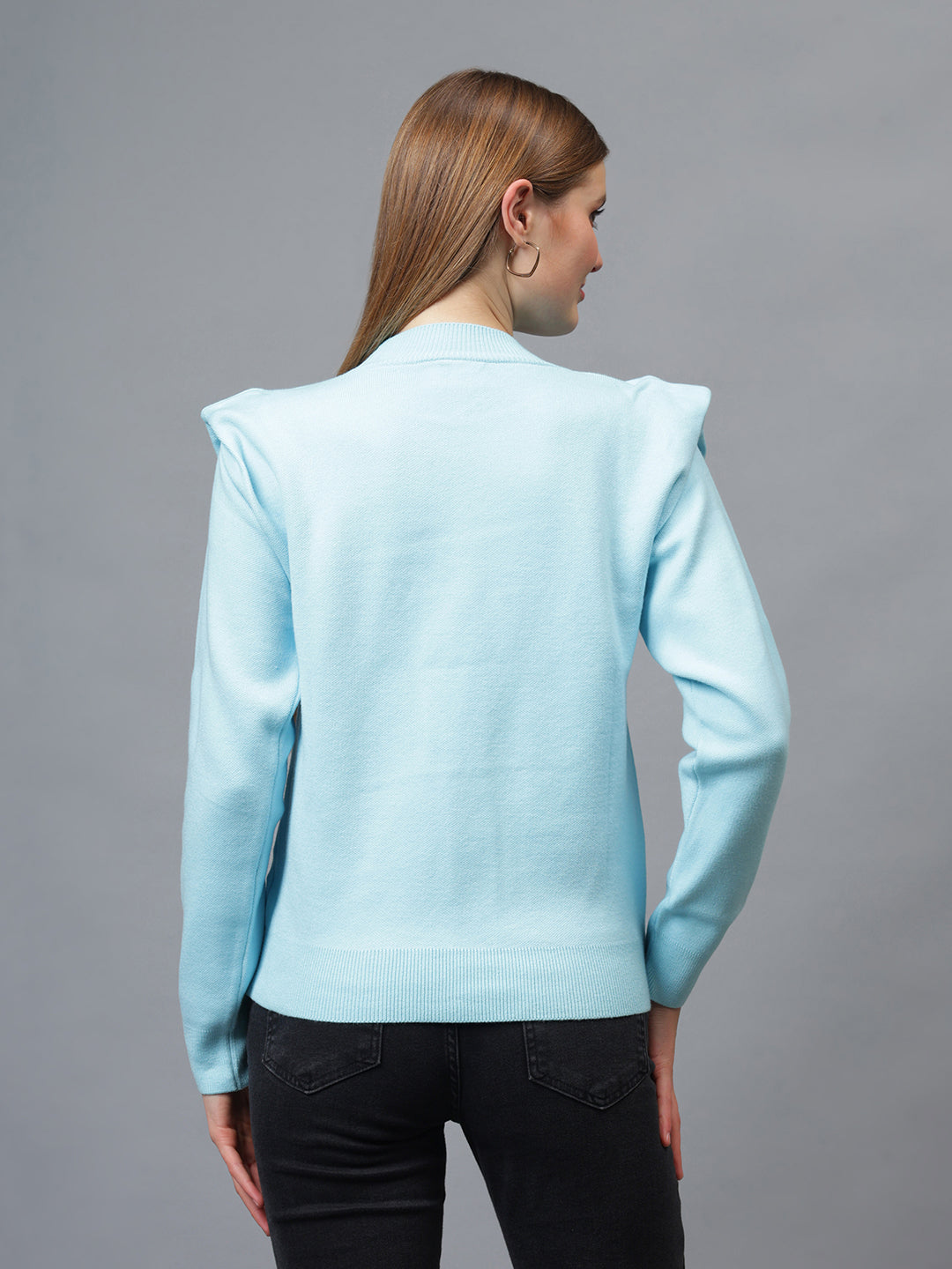 Gaiia Teal Crew Neck Shoulder Detailed Sweater