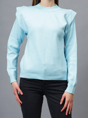 Gaiia Teal Crew Neck Shoulder Detailed Sweater
