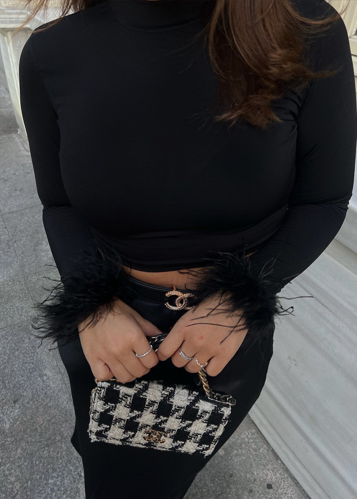 Gaiia Full Sleeves Feather Detail Crop Top - Black