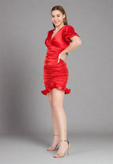 Gaiia Wide V Neck Draped Bodycon Dress - Red