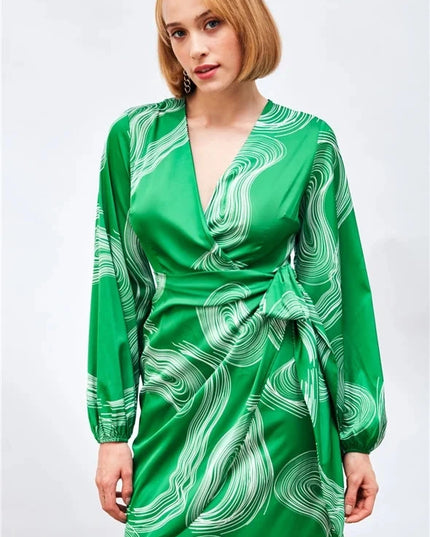 Satin Printed Wrap Around Dress