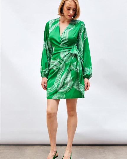 Satin Printed Wrap Around Dress