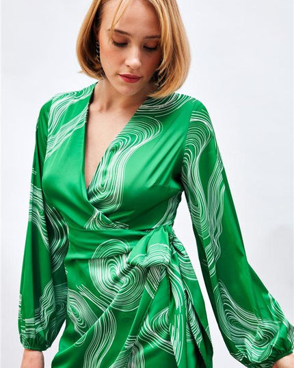 Satin Printed Wrap Around Dress