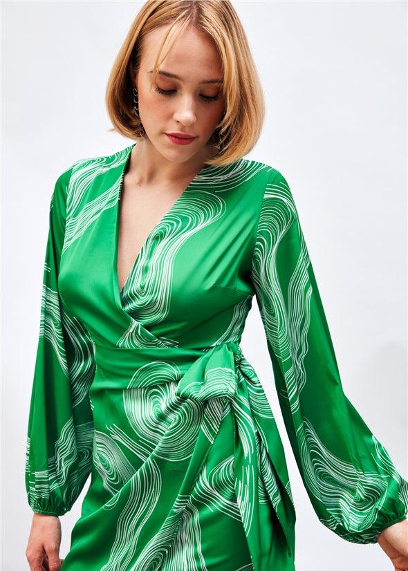 Satin Printed Wrap Around Dress