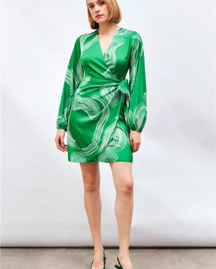 Satin Printed Wrap Around Dress