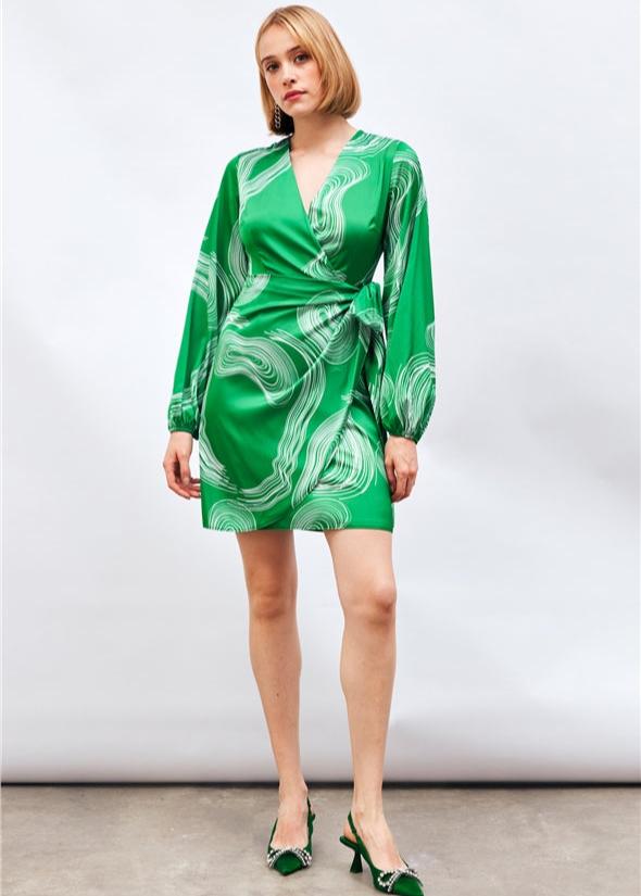 Gaiia Satin Printed Wrap Around Dress