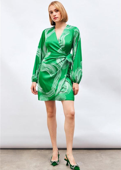 Gaiia Satin Printed Wrap Around Dress