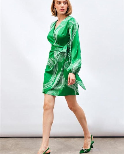 Satin Printed Wrap Around Dress