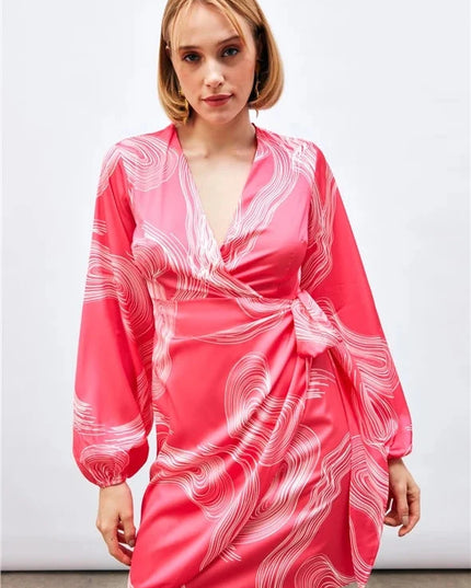 Satin Printed Wrap Around Dress