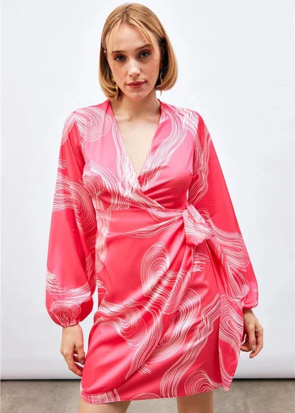 Gaiia Satin Printed Wrap Around Dress