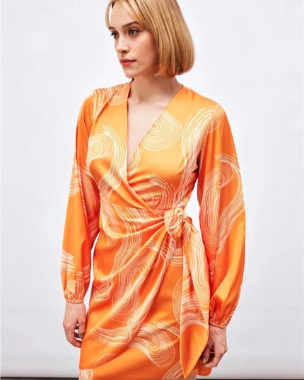 Satin Printed Wrap Around Dress