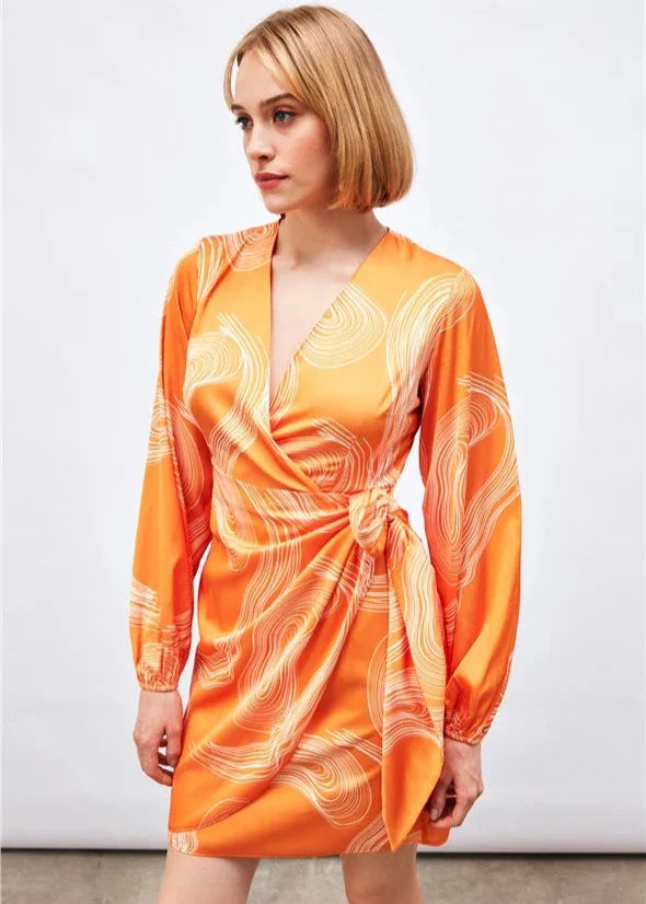 Gaiia Satin Printed Wrap Around Dress