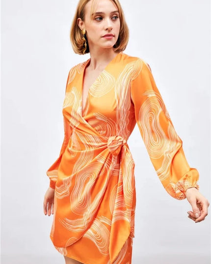 Satin Printed Wrap Around Dress