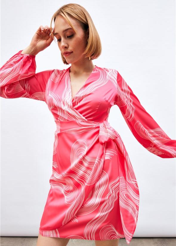 Gaiia Satin Printed Wrap Around Dress