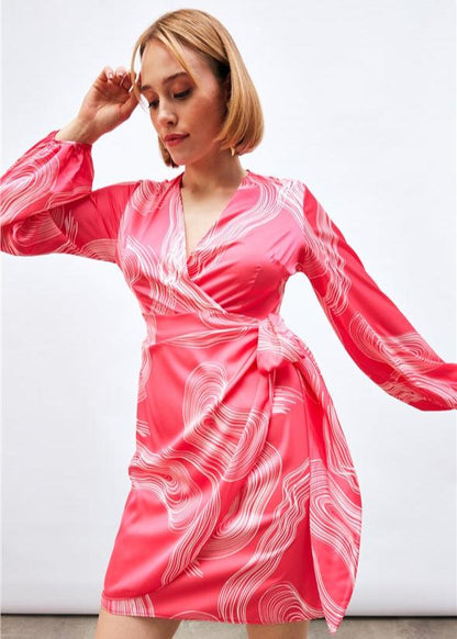 Gaiia Satin Printed Wrap Around Dress