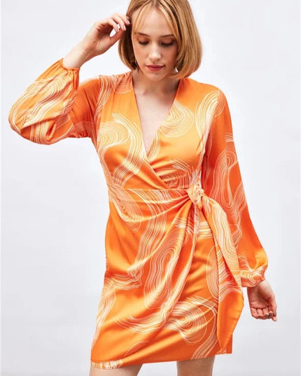 Satin Printed Wrap Around Dress