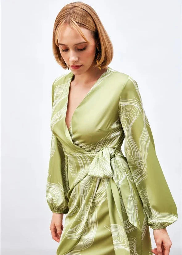 Gaiia Satin Printed Wrap Around Dress