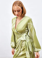 Gaiia Satin Printed Wrap Around Dress