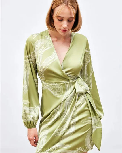 Satin Printed Wrap Around Dress