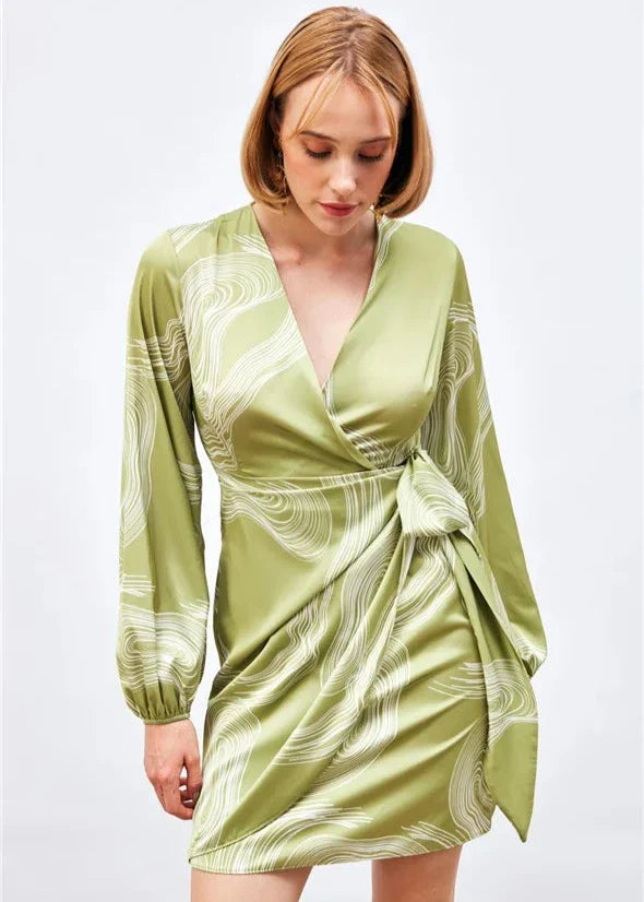 Gaiia Satin Printed Wrap Around Dress