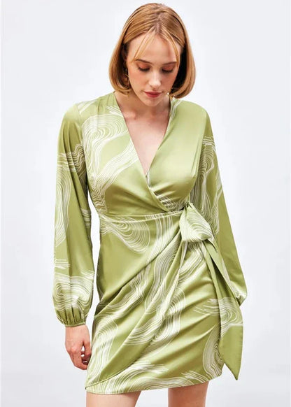 Gaiia Satin Printed Wrap Around Dress