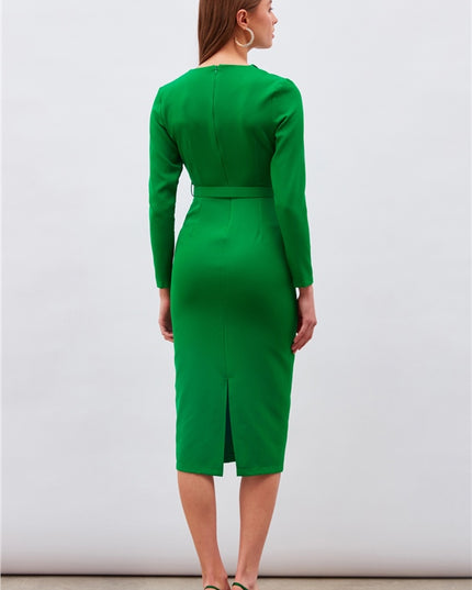 Green Solid Color Midi Dress