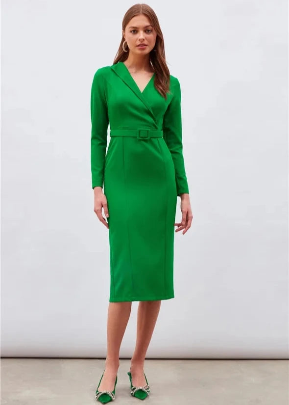 Green Solid Color Midi Dress