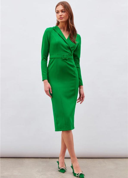 Green Solid Color Midi Dress