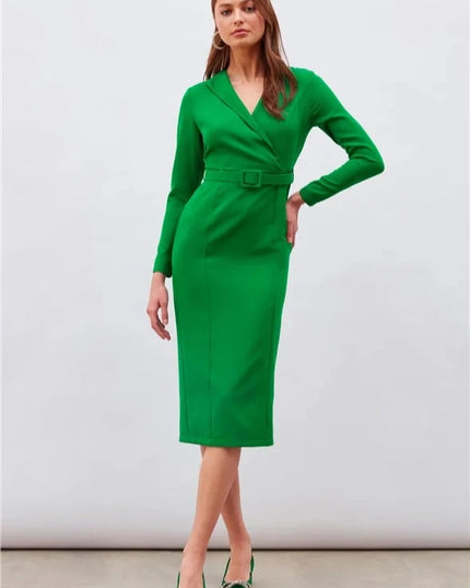 Green Solid Color Midi Dress