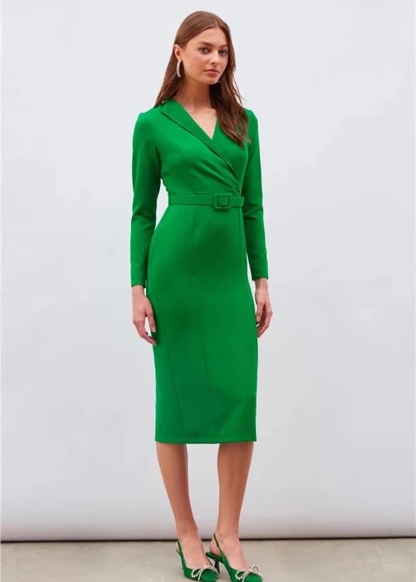 Green Solid Color Midi Dress