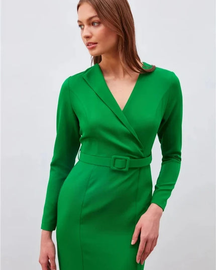 Green Solid Color Midi Dress