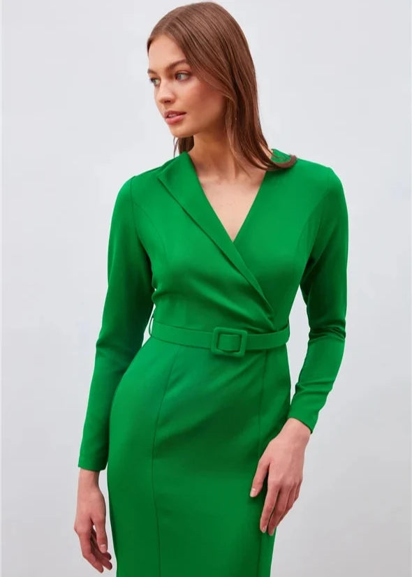 Green Solid Color Midi Dress