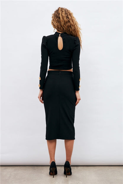 Gaiia Black High Neck Top & Skirt Set - Black