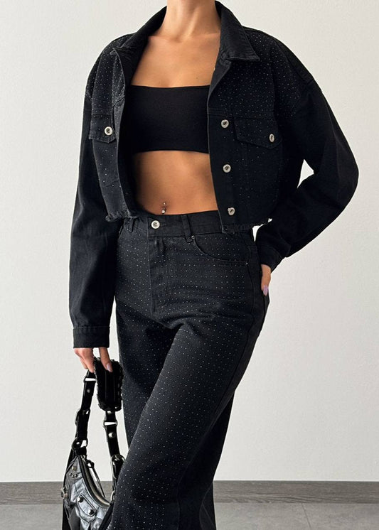 Gaiia Studded Denim Crop Jacket - Black