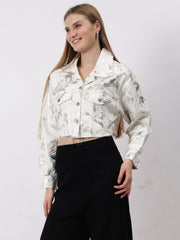 Gaiia Foil Abstract Print Denim Jacket - White
