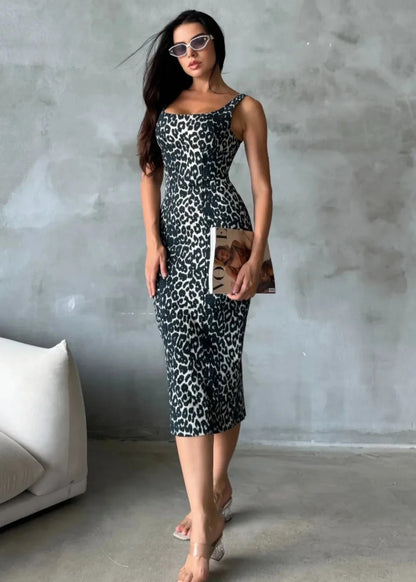 Gaiia Leopard Print Denim Dress - Black
