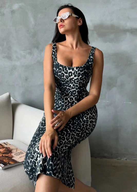 Leopard Print Denim Dress