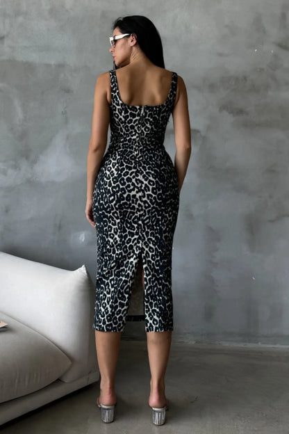 Gaiia Leopard Print Denim Dress - Black