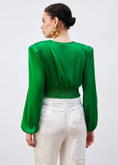 Gaiia Satin Crop Top With Padded Shoulder - Green