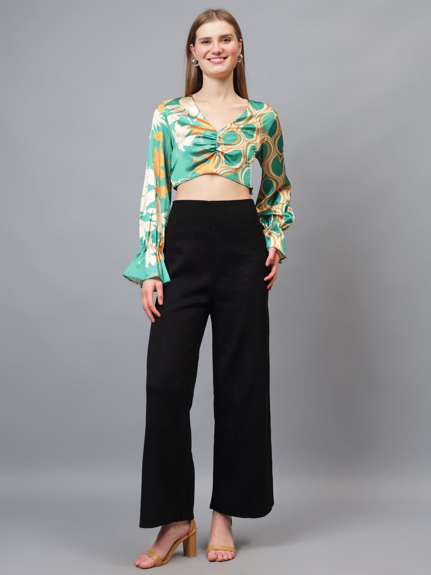 Gaiia Half & Half Printed Satin Crop Top - Green