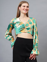 Gaiia Half & Half Printed Satin Crop Top - Green