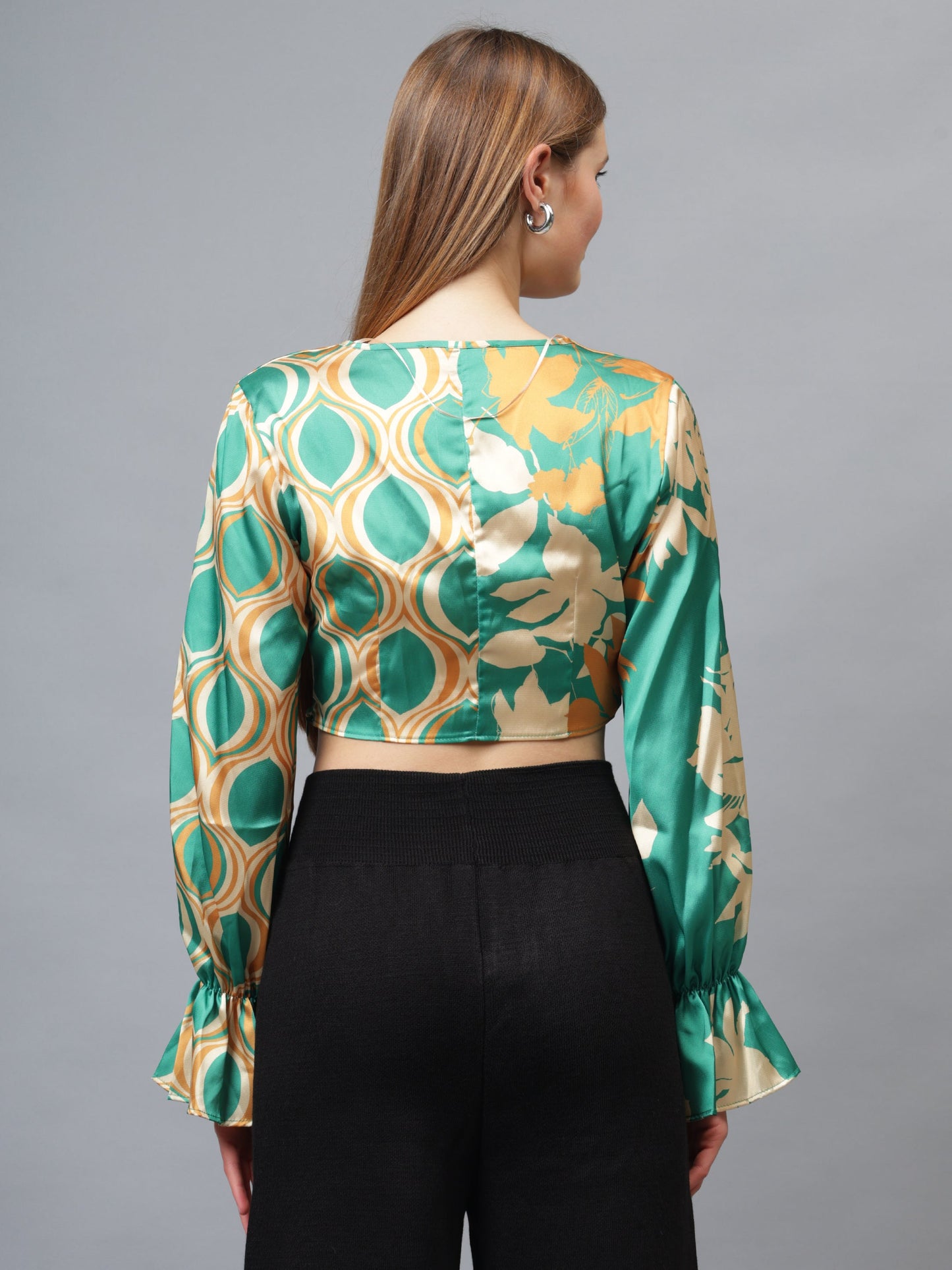 Gaiia Half & Half Printed Satin Crop Top - Green