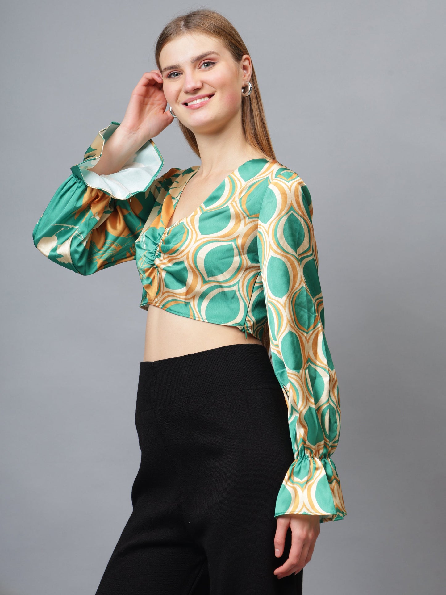 Gaiia Half & Half Printed Satin Crop Top - Green