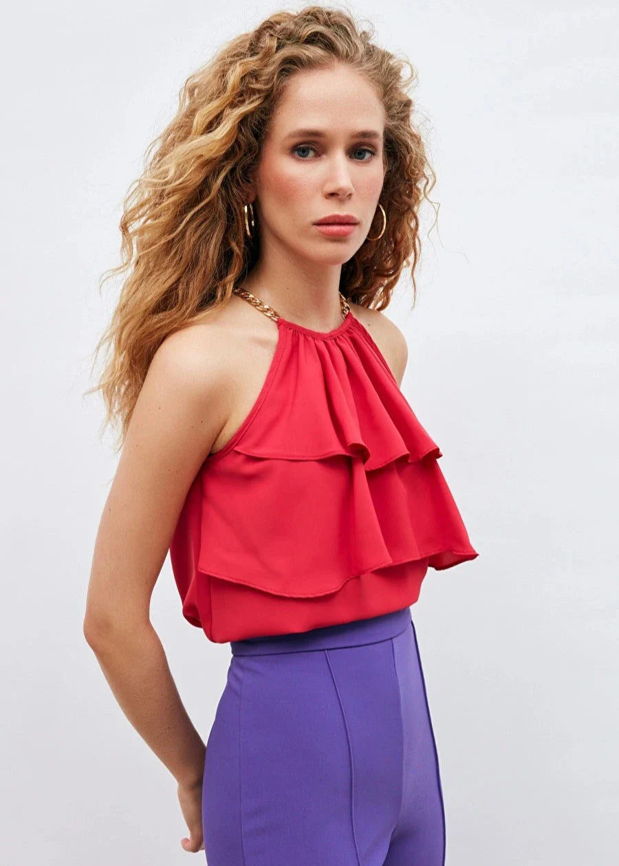 Gaiia Halter Neck Ruffles Chain Strap Top