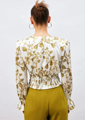 Gaiia Satin Printed Crop Top With Padded Shoulder - Green